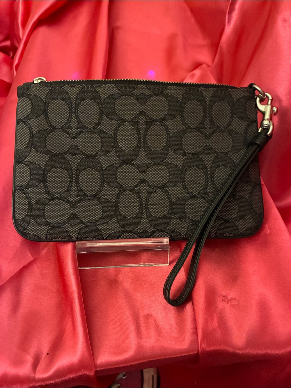 Coach Black Signature Canvas Wristlet with Pebbled Center Panel - Picture 2 of 3